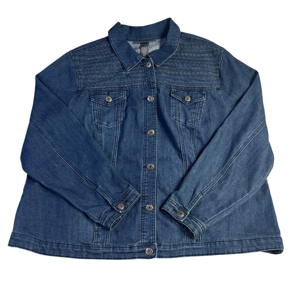 Avenue Denim Women's Blue Jean Jacket Embroidered Yoke Button Front Size 26/28